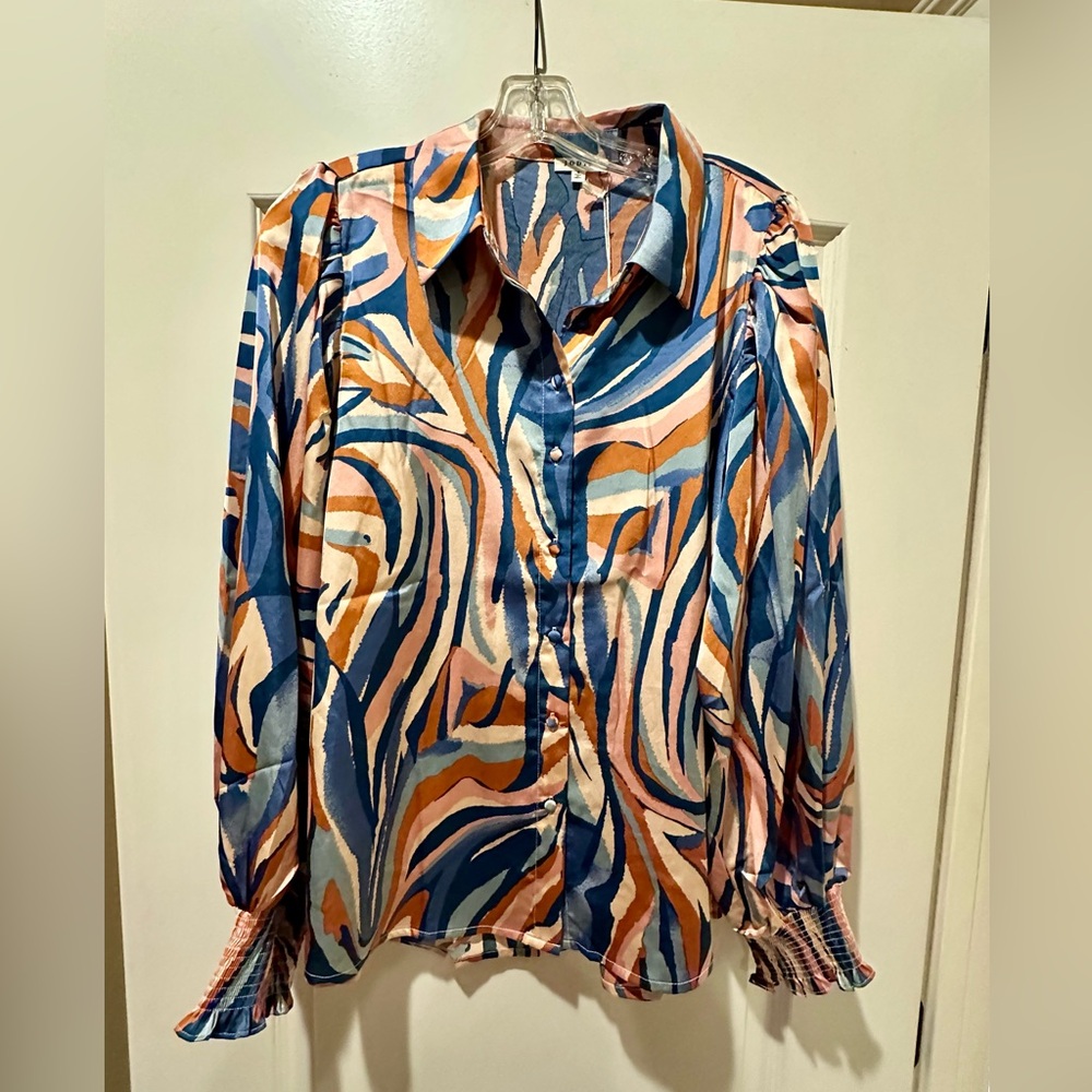 Blues, rust orange, pink multi size small